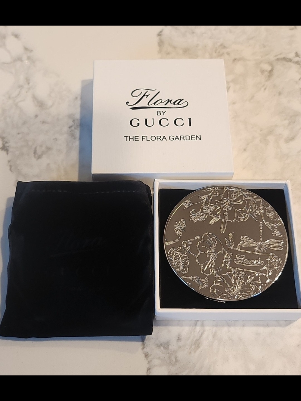 Gucci "The Flora Garden" Silver Floral Engraved Dual-SidedCompact Mirror